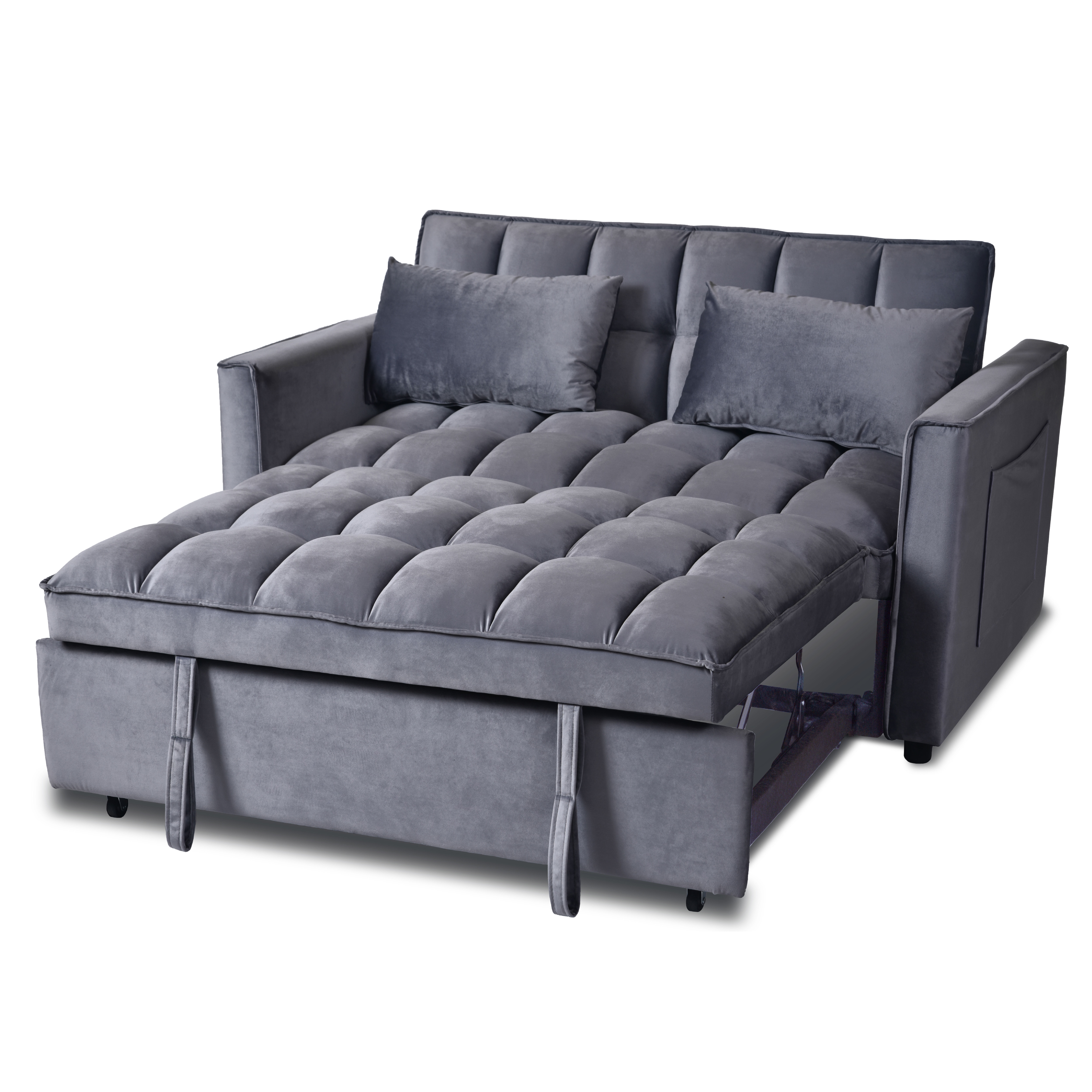 Convertible Sofa Bed, 3-in-1 Velvet Sleeper Sofa Couch With Pullout Bed, Pull Out Couch With Side Pockets And Adjustable Backrest, Sectional Sofa For Living Room, Grey, Made In Vietnam_maomaolike.com